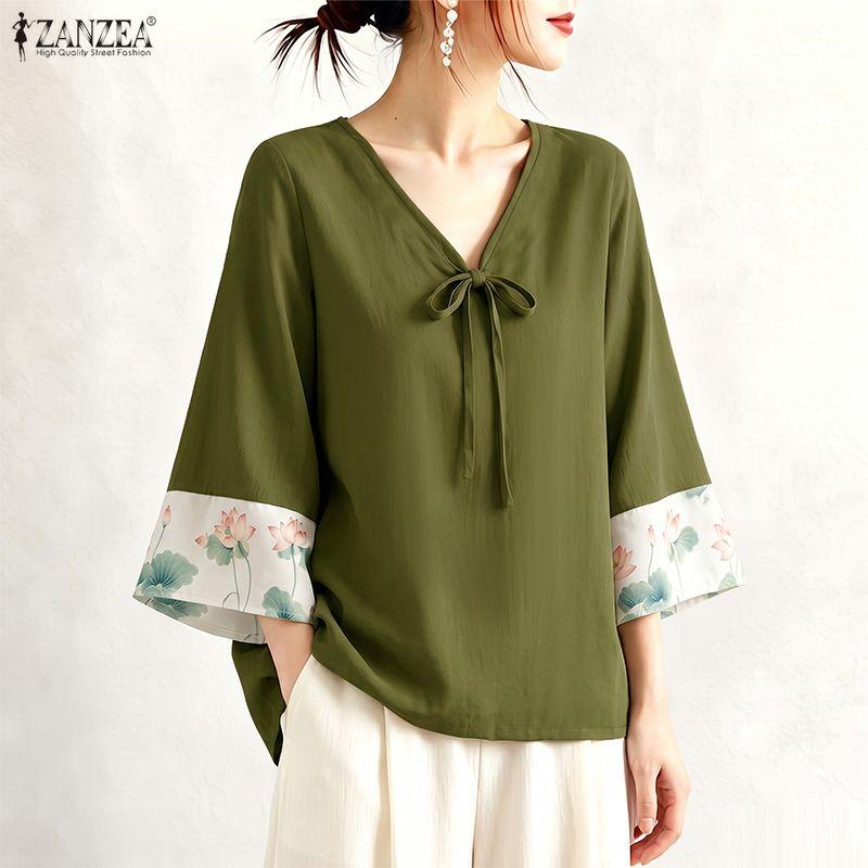 ZANZEA Women Elegant Casual V-Neck Pring Splice 3/4 Sleeve Loose Blouse