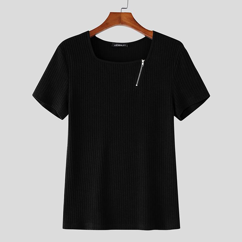INCERUN Summer Men Square Collar Short Sleeve Zip-up Casual Rib Skinny T-shirts