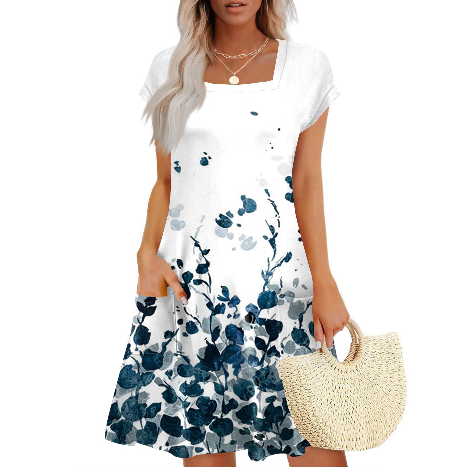

Summer Dresses For Women Loose Square Neck Cap Sleeve Casual Beach Vacation Tshirt Dress Sundresses With Pockets XL