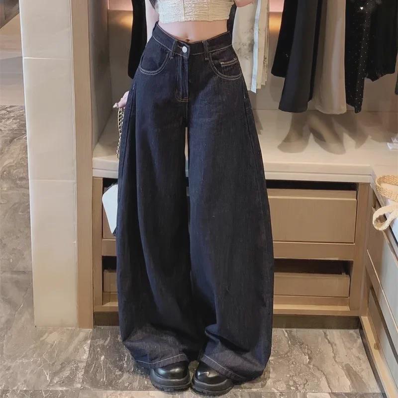 Women's Dark Blue Wide-Leg Jeans, High Waist, Slim Fit, Loose Mopping, Autumn 2024 Collection