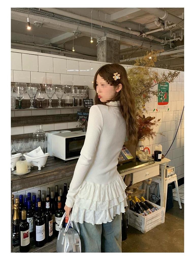 2025 Slim-Fit Lace Trim Half-High Collar Long-Sleeve T-shirt with Layered Cake Skirt