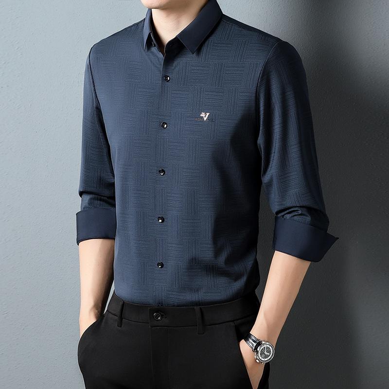 Spring and Autumn New Men's Casual Long-Sleeved Shirt Lapel Light Business Professional Seamless Adhesive Shirt Men