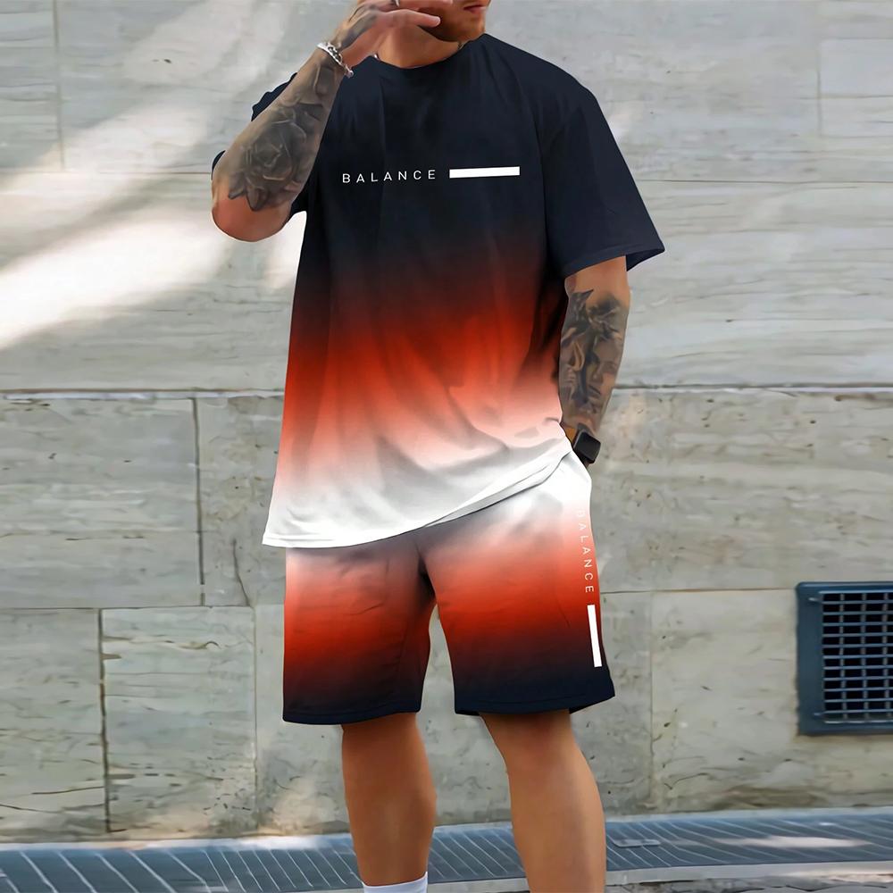 Men's Gradient Sports Set Casual Comfortable Beach Suit Shirt + Pants 2 Piece Set