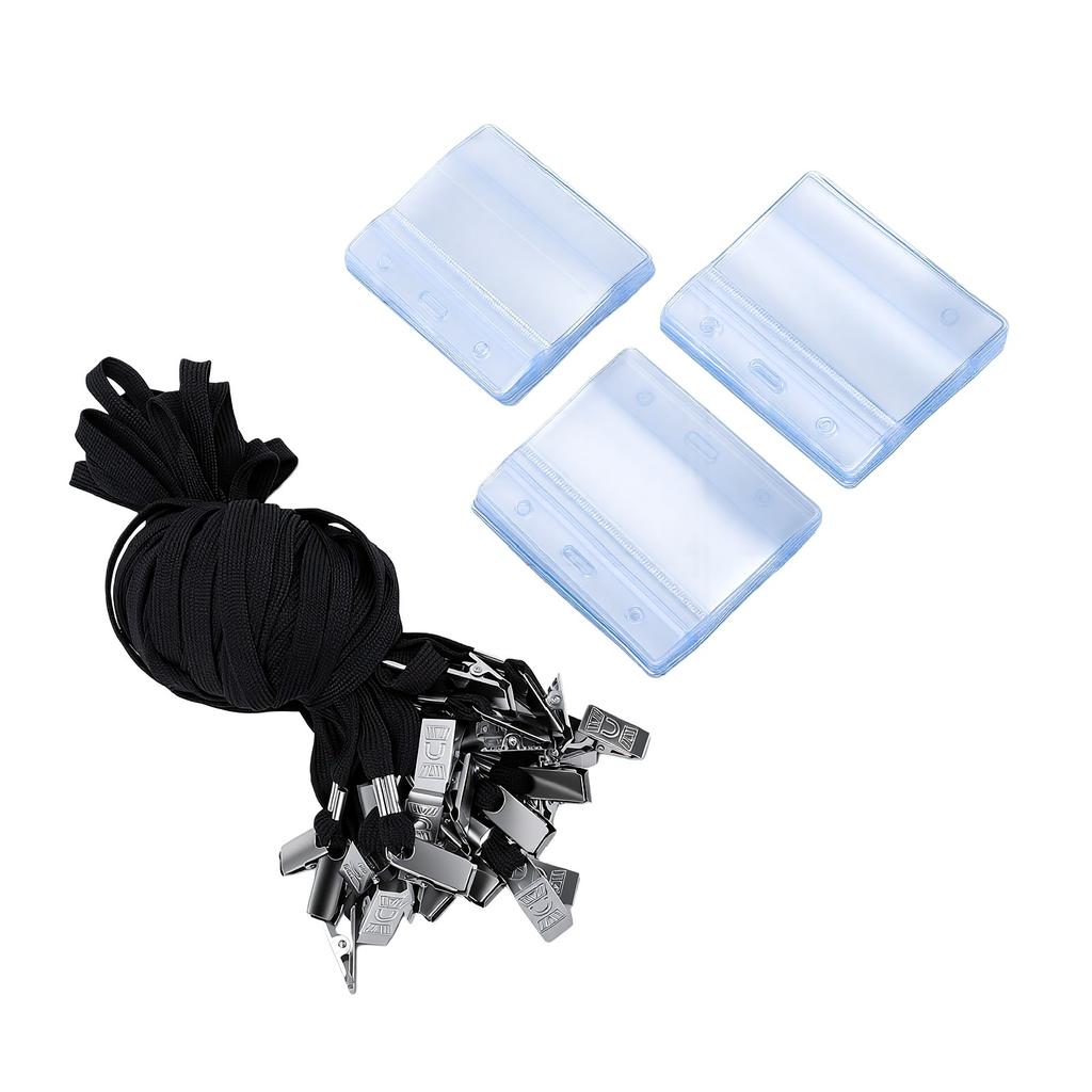 30PCS ID Badge Holder with Clip Lanyards Water Proof Transparent Horizontal Name Badge Holder for Work Office School