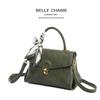 Retro Olive Green Genuine Leather Crossbody Bag with Scarf