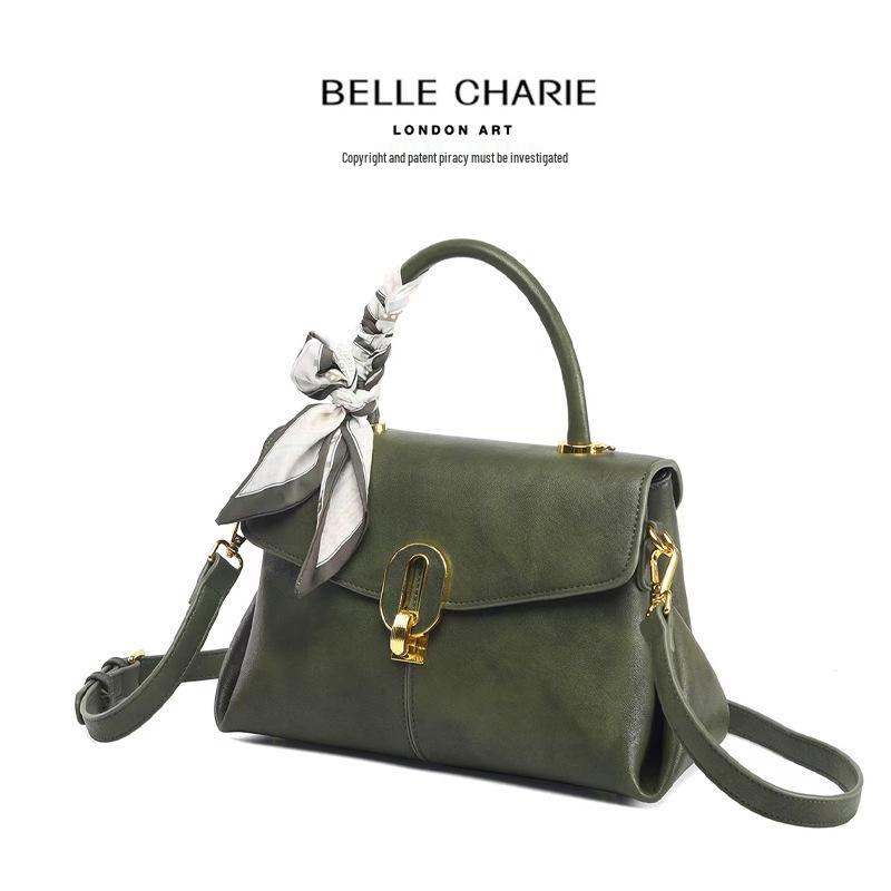 Retro Olive Green Genuine Leather Crossbody Bag with Scarf