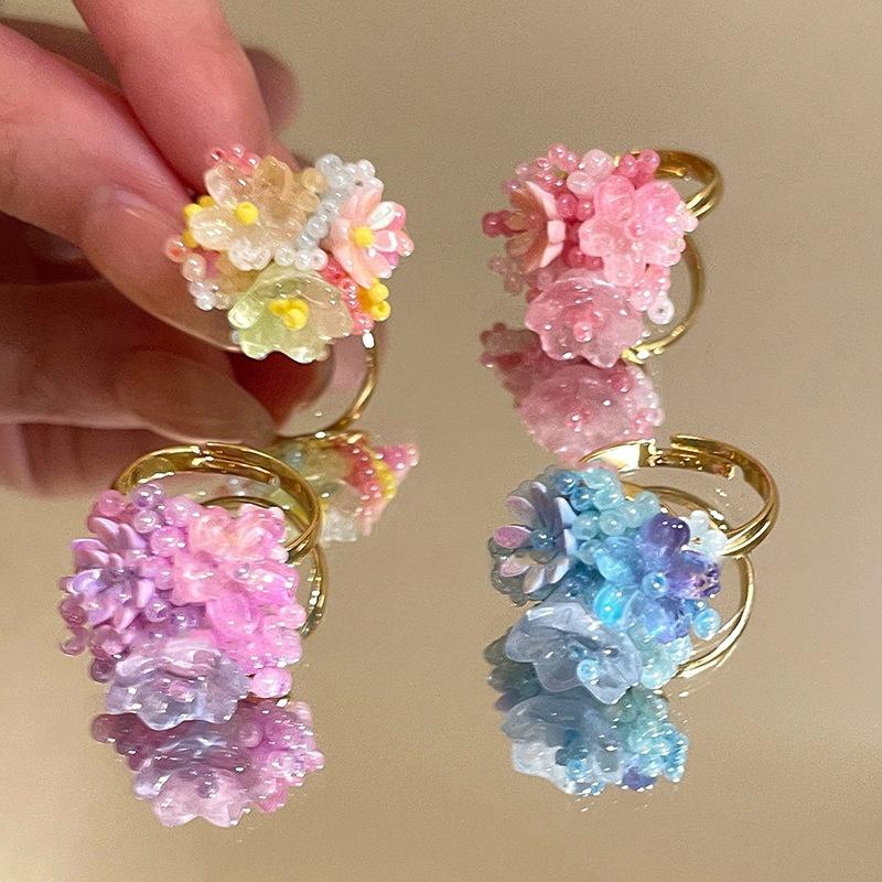 Colorful Beaded Flower Rings For Women Girls Korean  Sweet Large Flower Finger Rings Jewelry Aesthetic Y2K Accessories