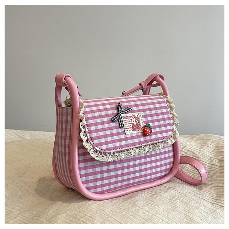 

Маленькая сумка из парусины в клетку контрастного цвета, женская новая модная маленькая квадратная сумка с кружевом, универсальная на плечо, сумка-мессенджер розовый