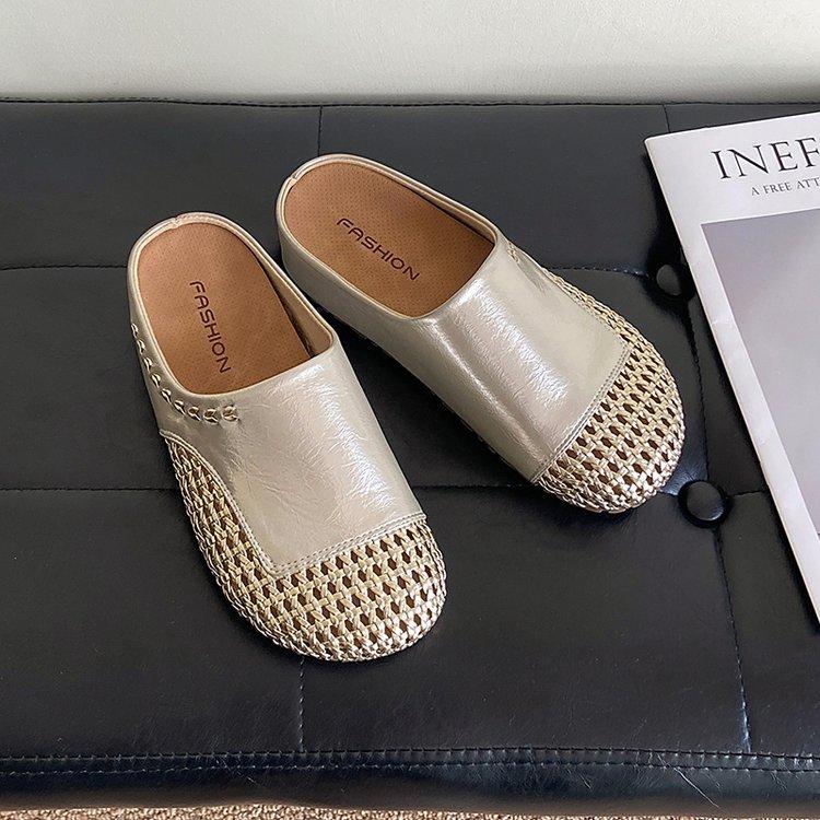 Thick-soled Bag Head Half Slippers Women's Summer Outer Wear 2025 New Inner Height Increase Hollow Weaving Women's Lazy Shoes with One Foot