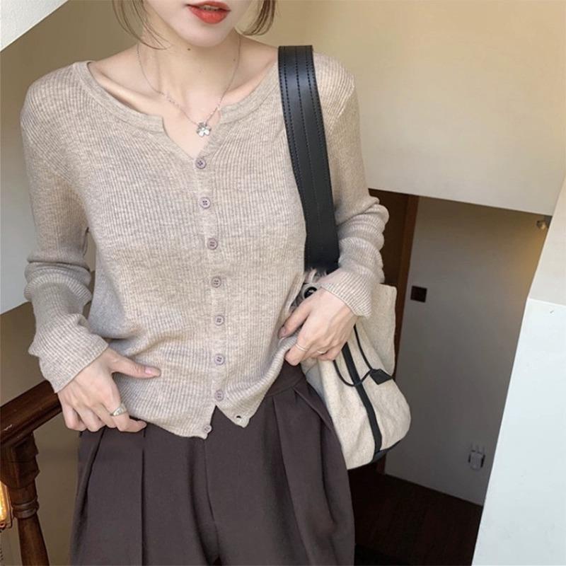 Fall Winter V Neck Knit Top Women Thin Long Sleeve Solid Short Cover Up Slim Sweater Cardigan Coat