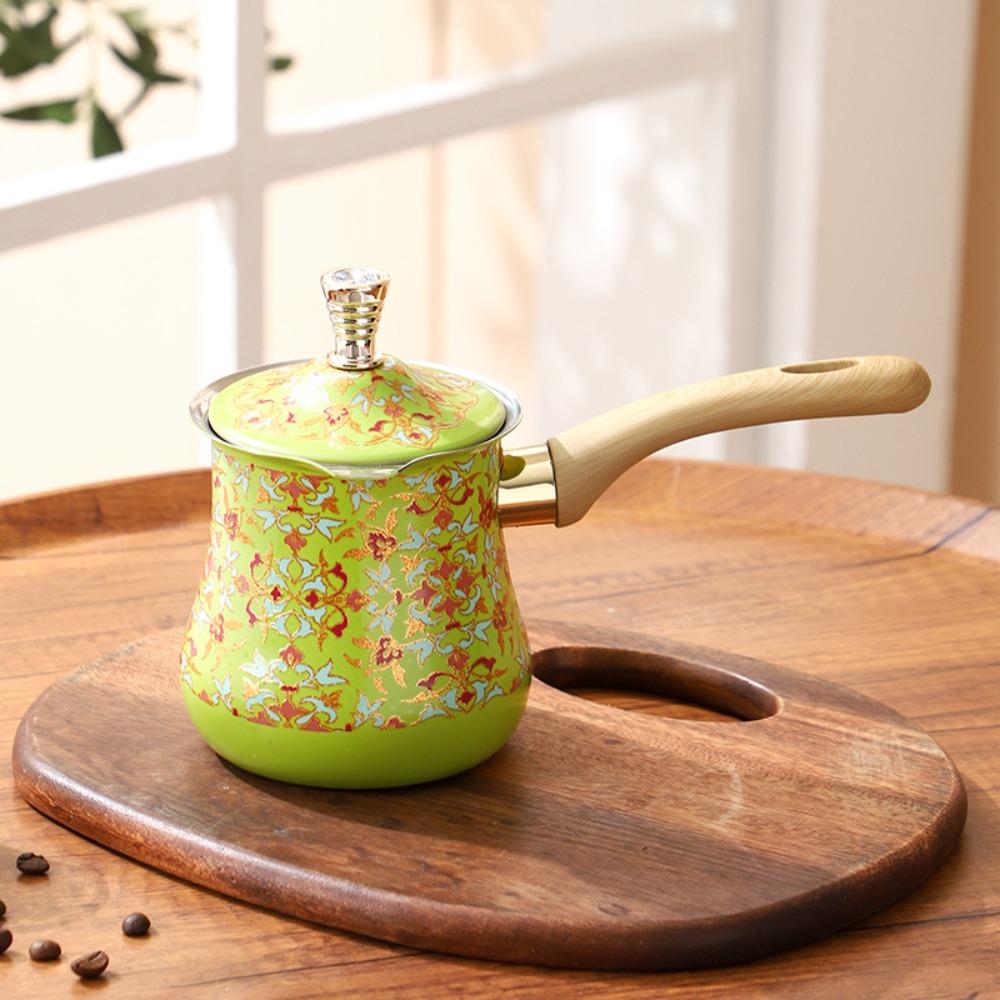 550ml Turkish Coffee Pot Long Wooden Handle Stainless Steel Butter Melting Pot Arabic Style V Shape Diverter Port Milk Pot