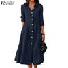 ZANZEA Womens Casual Turn Down Collar Loose 3/4 Sleeve Midi Dres