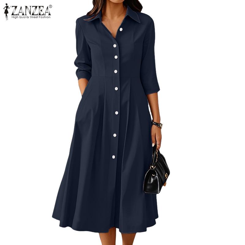 ZANZEA Womens Casual Turn Down Collar Loose 3/4 Sleeve Midi Dres