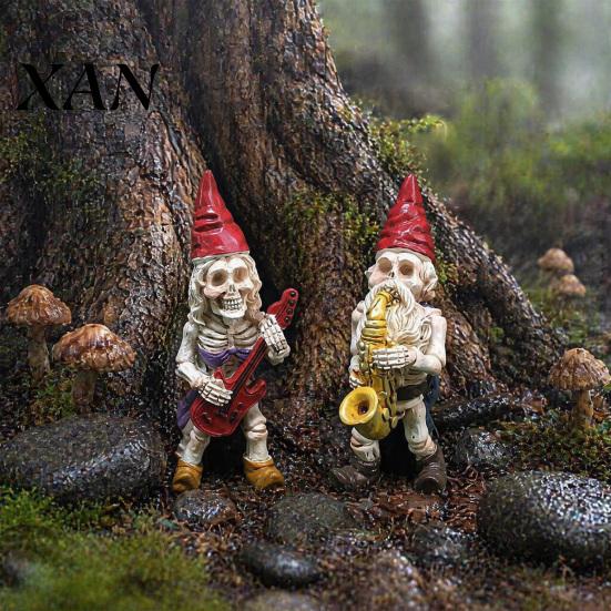 Skeleton Dwarf Band Figurines Halloween Gnome Musician Resin Figurine, Hand-Painted Gothic Statue with Guitar Dark Pastoral Style Decoration