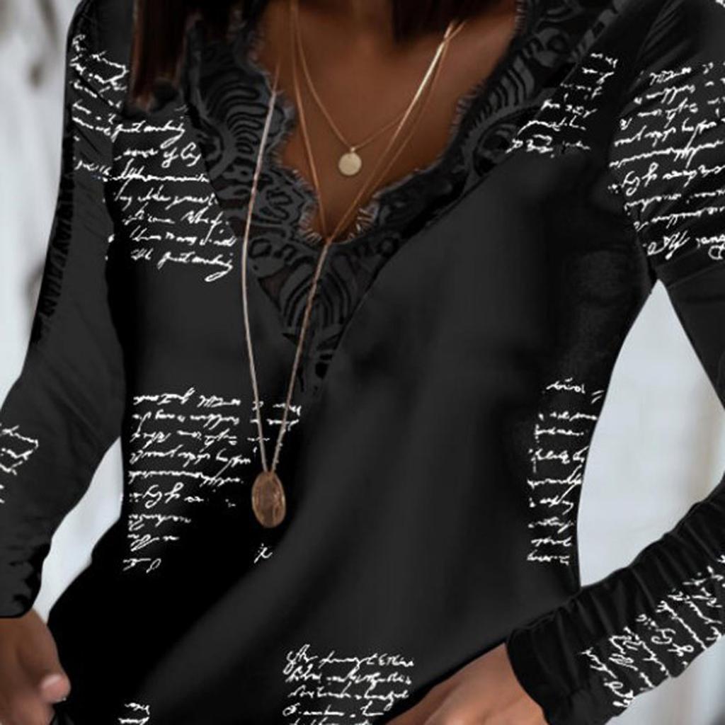 Women's Winter Splicing Fashion Lace V-Neck Lace Print Casual Long Sleeve Top