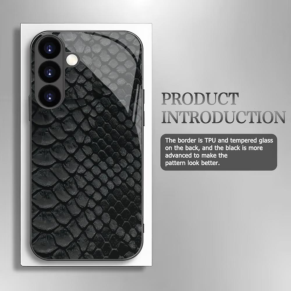 Fish Scale Texture Pattern Black Tempered Glass Phone Case for Samsung Galaxy S26 S25 S24 S23 S22 S21 S20fe/plus/ultra Anti Drop