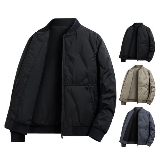 Men Cotton Coat Solid Color Stand Collar Long Sleeve Casual Baseball Style Coat with Pockets Winter Thickened Warm Outerwear