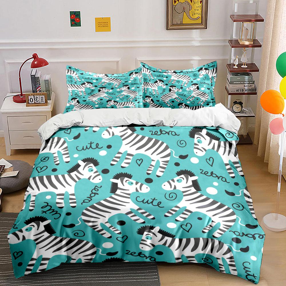 Cute Zebra Cartoon Background Bedding Set for Kids Luxury Gift 3pcs Digital Print Comforter Set Soft Comfortable Breathable