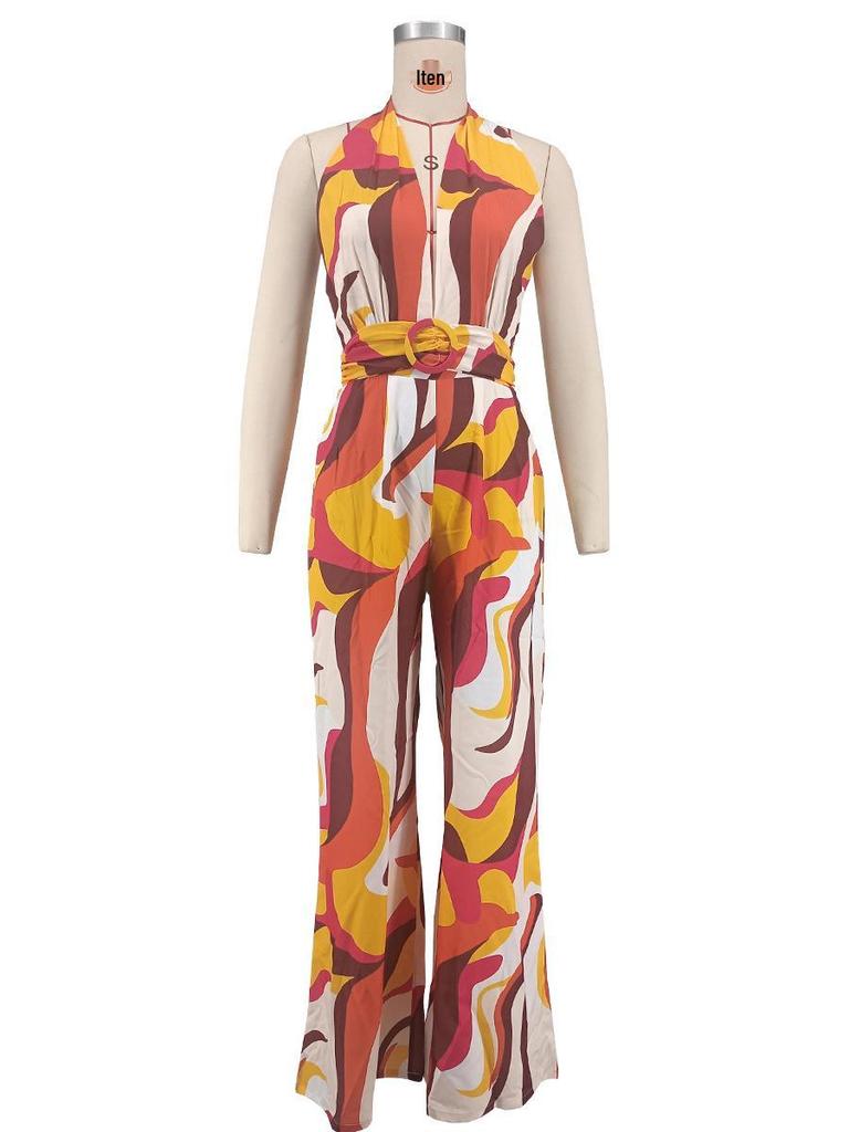 Bedruckter lässiger ärmelloser rückenfreier Jumpsuit mit Trägern und tiefem V-Ausschnitt, weitem Bein für Damen