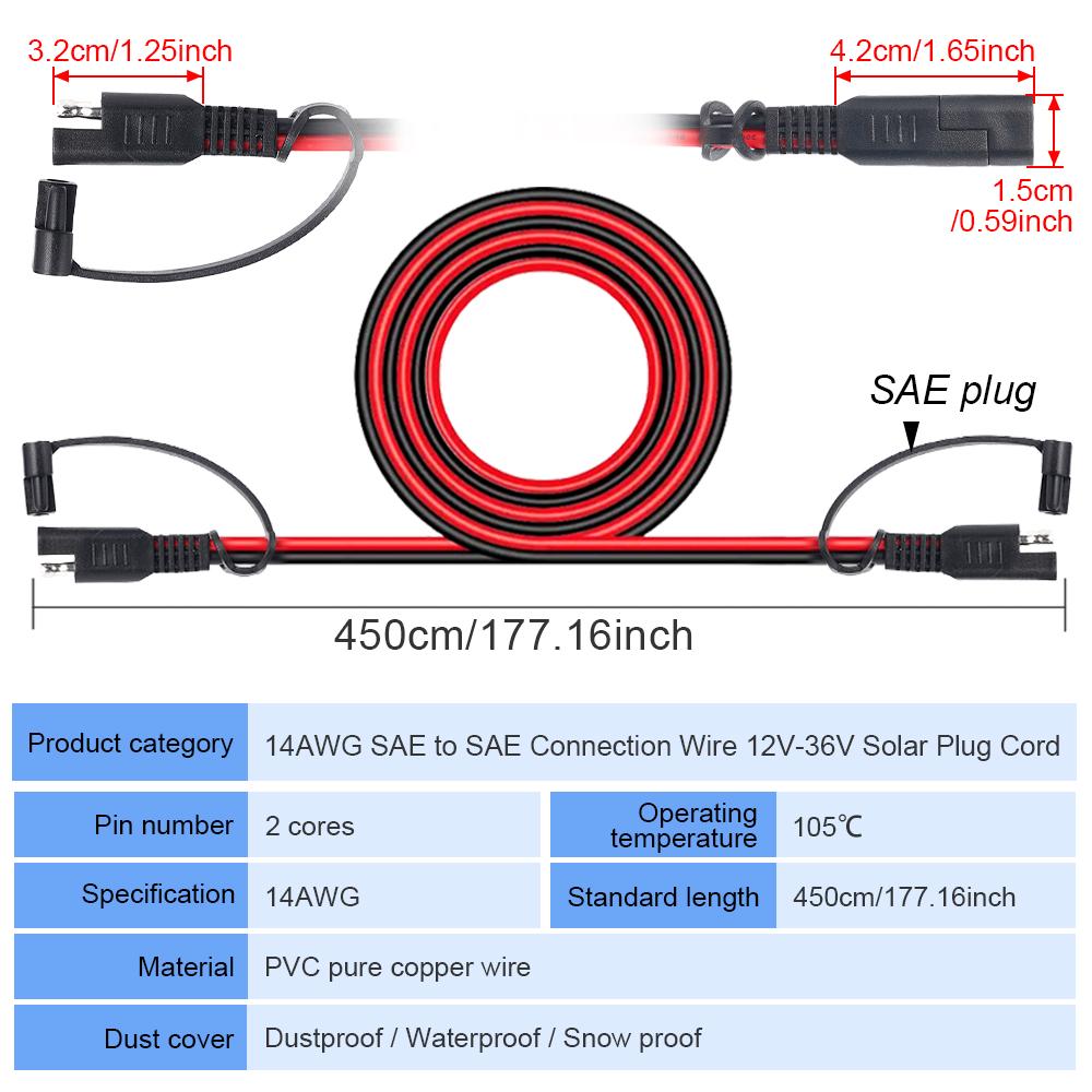 14AWG Battery Charging Cable SAE To SAE 12V-36V Solar Plug Cord Car Extension Cable Waterproof Solar Vehicle Battery Power Cable