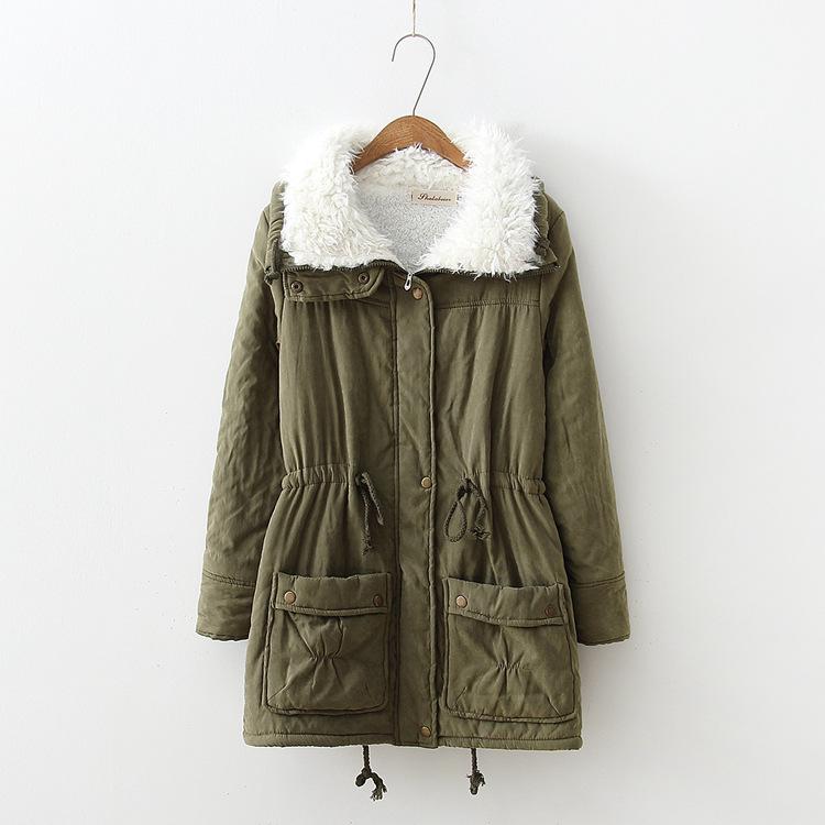 Autumn and Winter Mid-length Tooling Cotton-padded Jacket Women's Drawstring Waist Lamb Velvet Thick Warm Jacket