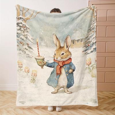 1pc Cozy Christmas Bunny Flannel Throw Blanket - Soft, Warm, and Comfortable with Cute Cartoon Bunny Illustration