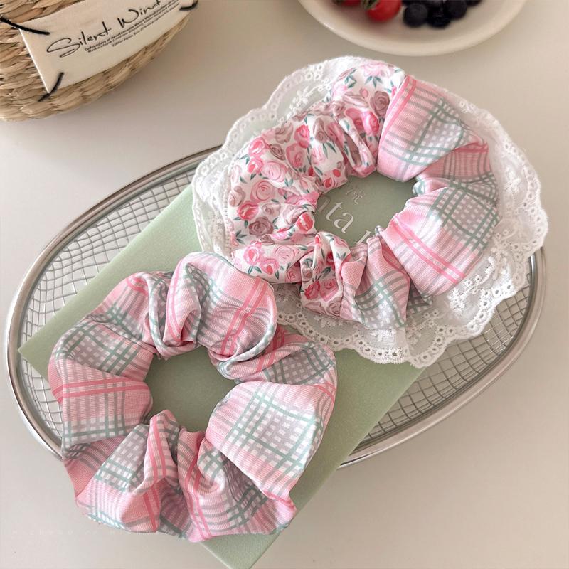 1pc Sweet Lace Floral Pink Checkered Large Intestine Hair Ring,back of Head Tied Hair Rope Ponytail Head Rope Versatile Hair Tie