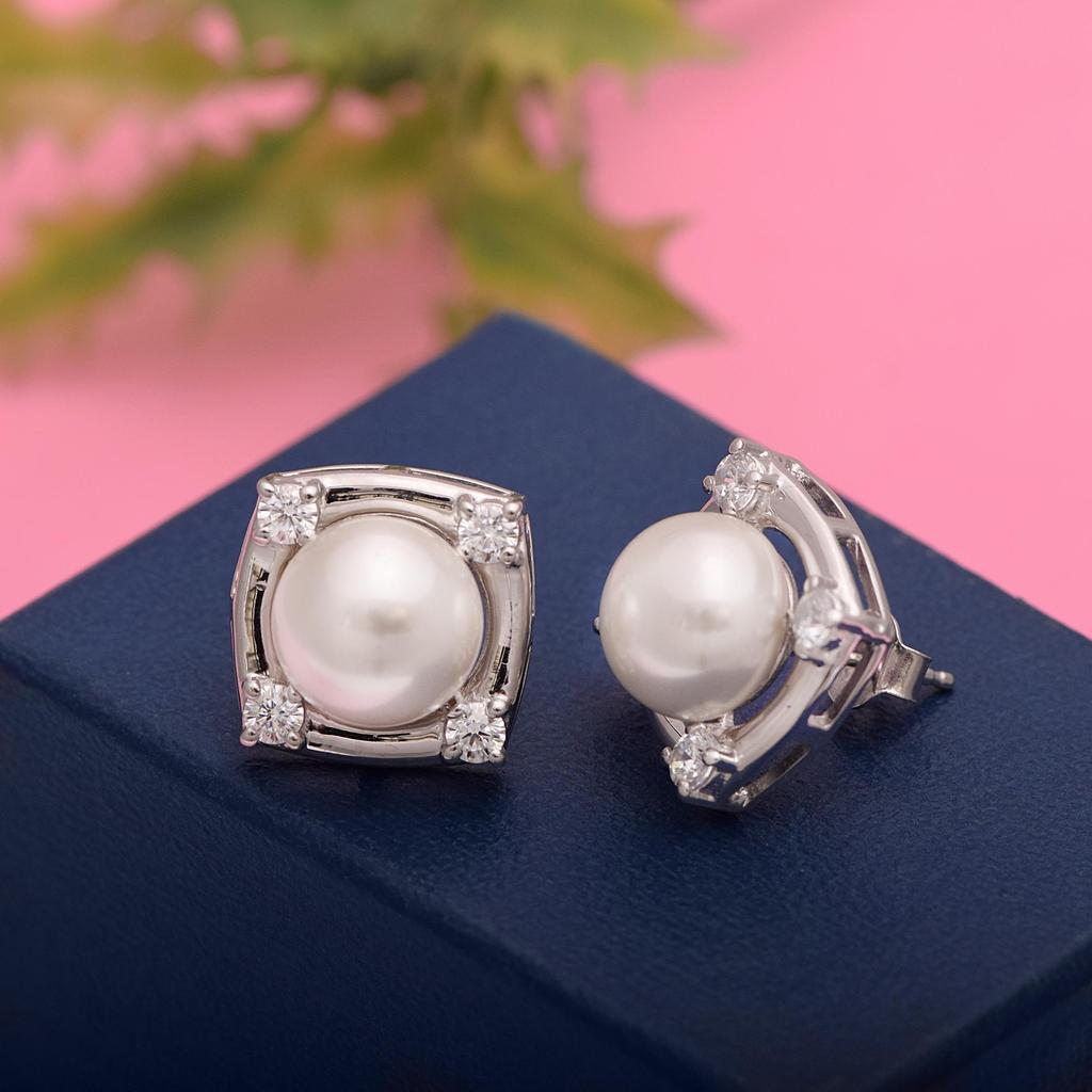 Pearl Square Shape Women Wedding Stud - 925 Sterling Silver