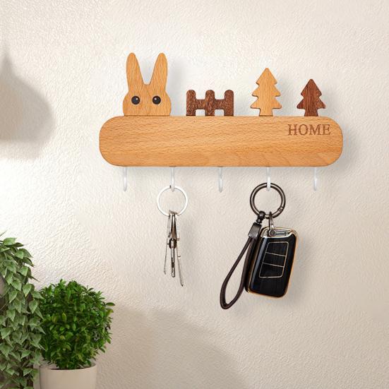 Natural Wood Key Organizer Wooden Holder with 5 Hooks, Cartoon House Theme Organizer, Multi No Drill Hanger Purpose Hanging Rack for Keys Pet Leashes