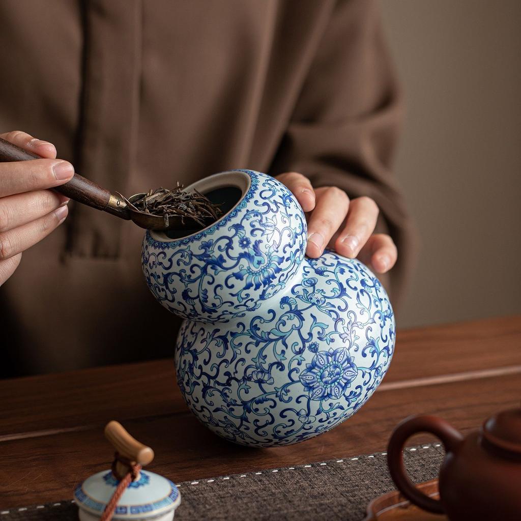 Chinesischer Stil Ru-Ofen Keramik Teedose, Kürbisformiges Vintage Teelagerglas mit Quasten-Dekor
