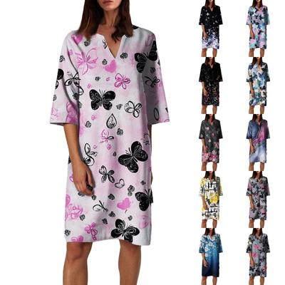 Women's Summer Retro Floral Print V-Neck Half Sleeve Dress Lightweight Breathable Dress