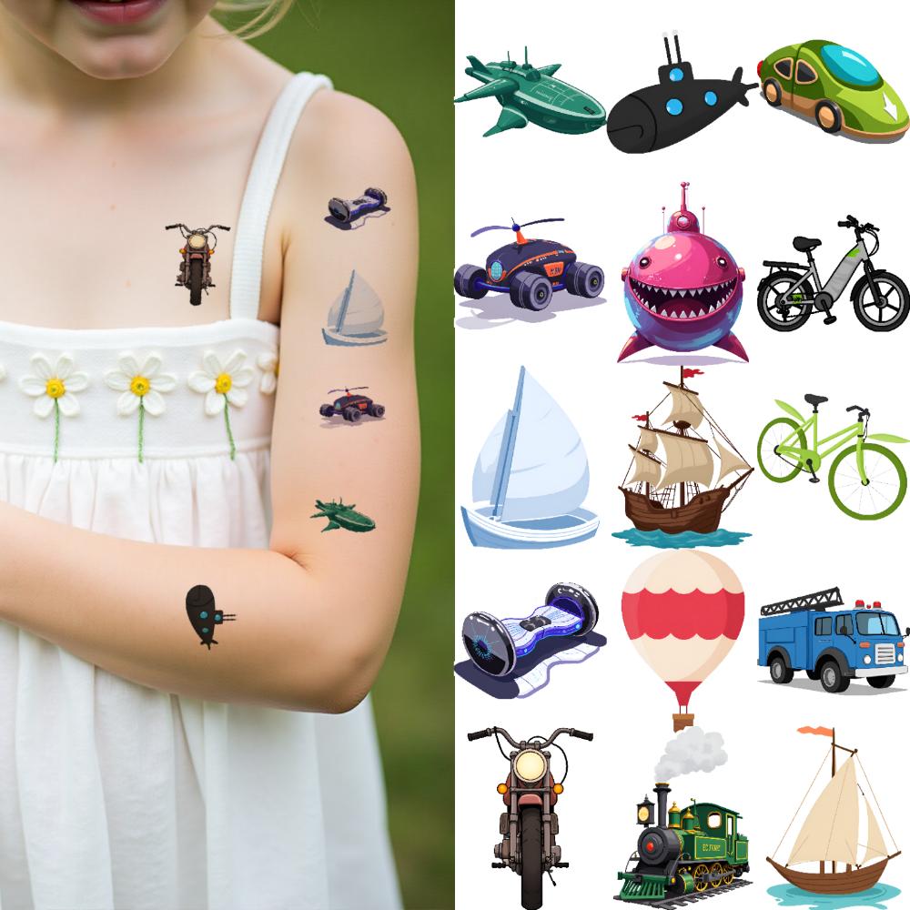 54pcs Temporary Tattoo Cartoon Airplane Motorcycle Submarine For Boys Arms Shoulders
