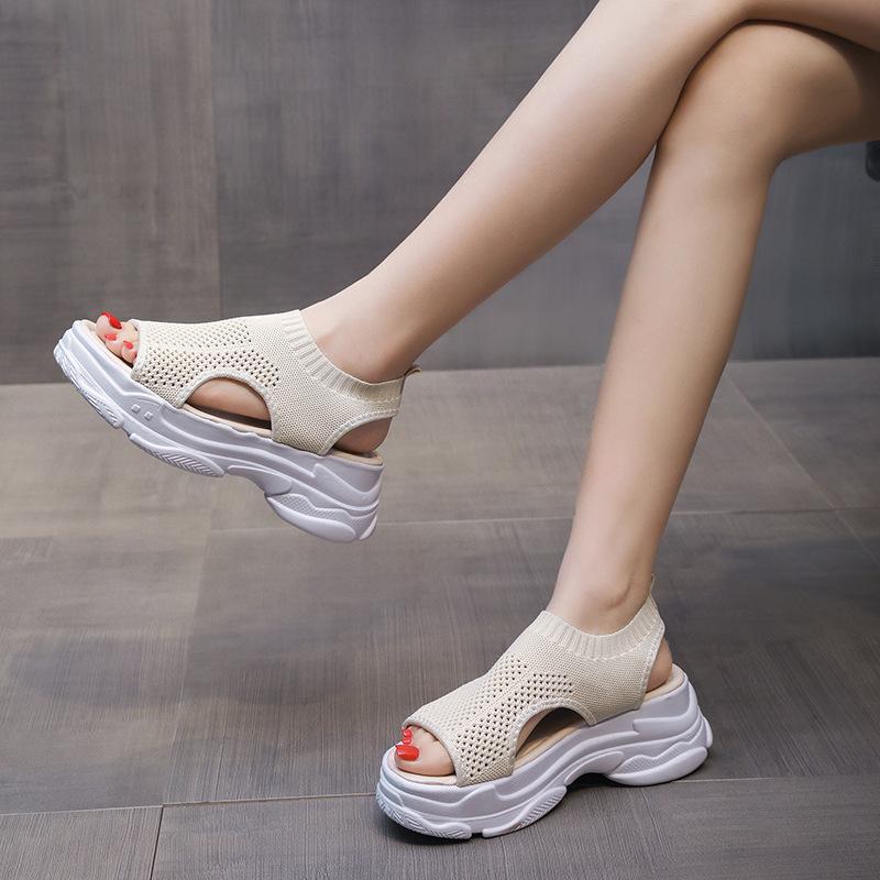 Damen Sandale Plateau Strickstoff Sommersandalen Peep-Toe-Design