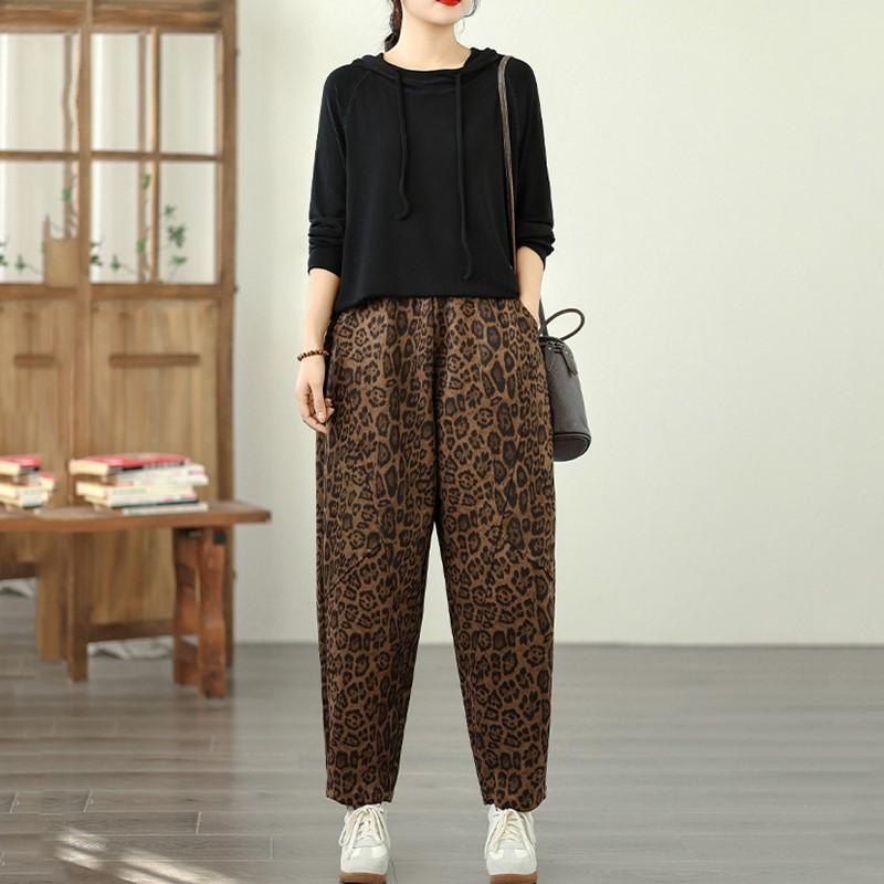 Plus Size Cotton Vintage Leopard High Waist Casual Loose Spring Autumn Harem Pants Women Trousers