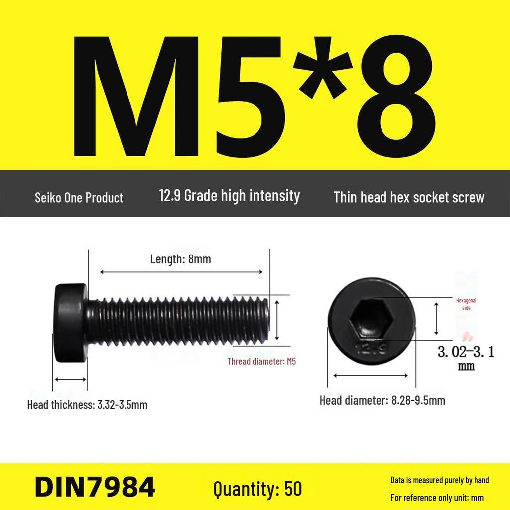 DIN7984 Grade 12.9 Thin Head Hex Socket Cap Screws - Sizes M3 To M16