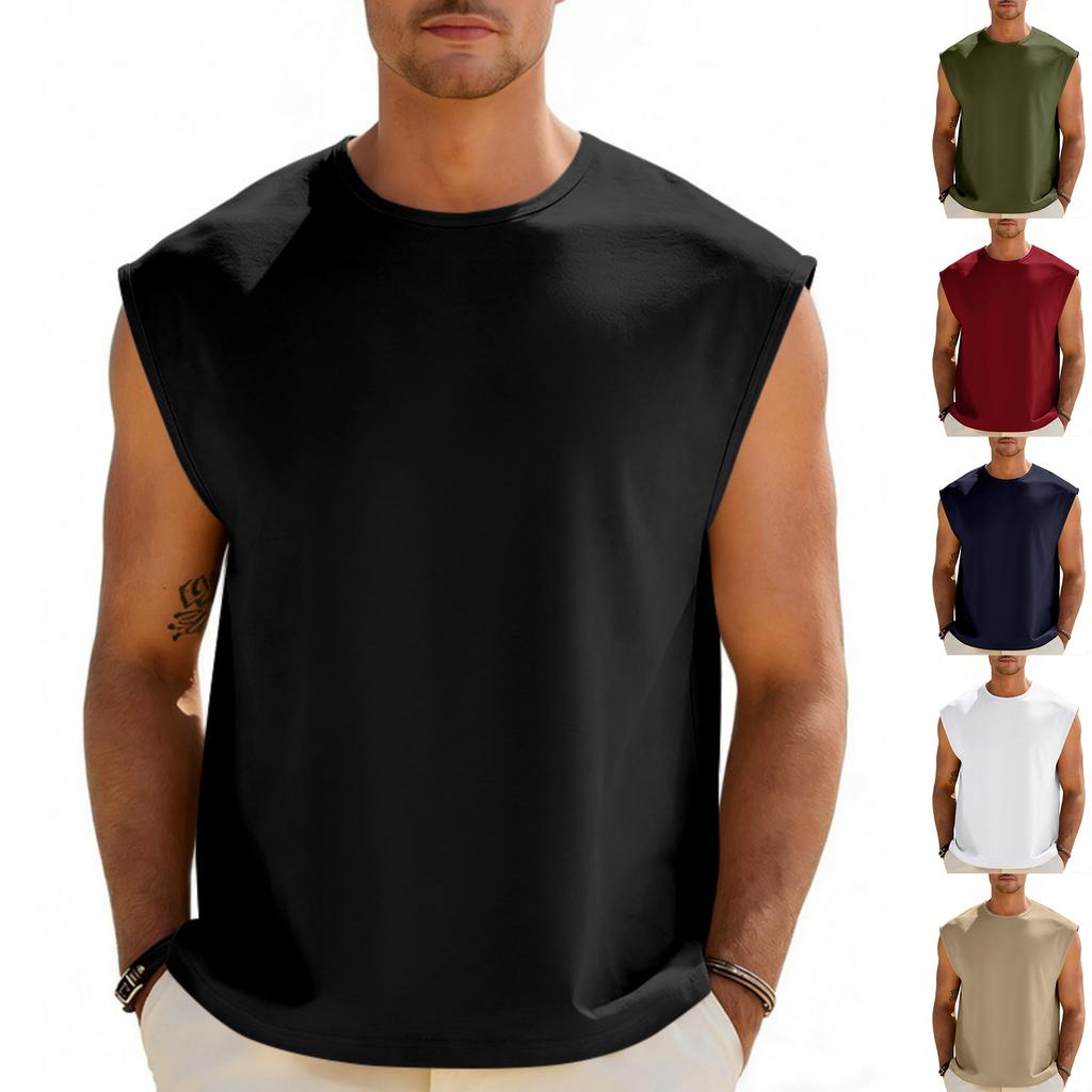 Men's Color Round Neck Sleeveless Breathable Loose Sports Fitness Fashion Vest