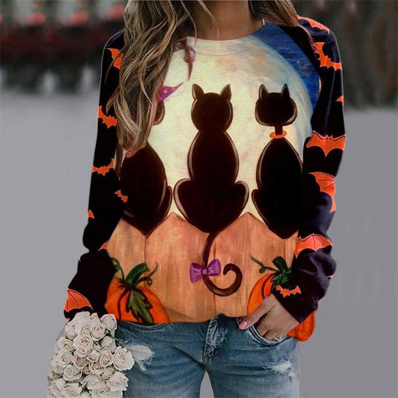 2025 Autumn Women's Halloween T-Shirt Fashion Long Sleeve Party Tops Casual 3D Print Loose Shirts OverSized Clothing Polyester