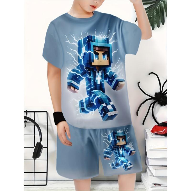 

6 шт. Костюм для мальчиков, модный повседневный свитер с коротким рукавом и шортами с принтом 3D, толстовка, комплект футболки и шорт для мальчиков, для активного отдыха 120