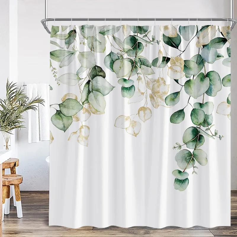 Blue Leaf Watercolor Plant Shower Curtain Modern Minimalist Home Bathroom Decorative Fabric Shower Curtain with Hook
