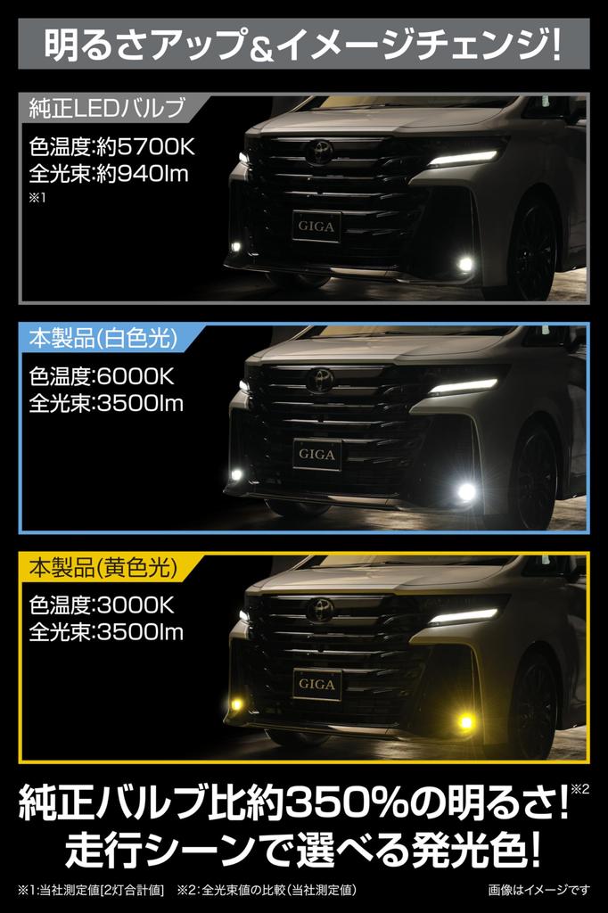 CARMATE GIGA LED Fog Bulbs for Toyota Step Land Cruiser S3500GSD Dual White BW584 Hiace, Alphard, Wagon, 250, Etc., Color, 6000K/3000K, 3500lm, &