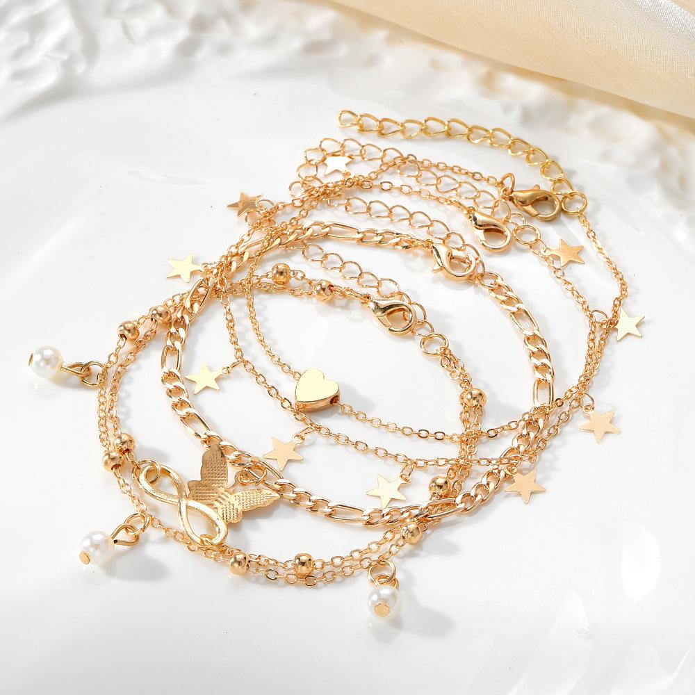 5 Stück Boho Sommer Strand 8 Unendlichkeit Charme Fußkettchen Set Damen Kette am Bein Perle Schmetterling Stern Herz Anhänger Fußkettchen Vintage Schmuck