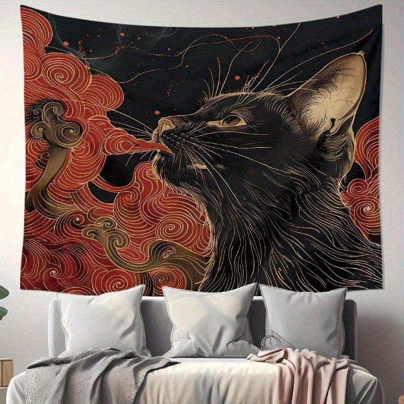 1 Pc Asian Ukiyo Art Japanese Cat Swallowing Clouds Wave Fabric Fun Tapestry Wall Hanging with Accessories, Home Dormitory Bedroom Wall Decor