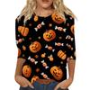 Women Casual Halloween Print Three Quarter Sleeve Round Neck Top Lightweight Comfortable Fit Fashionable Shirt for Everyday Wear