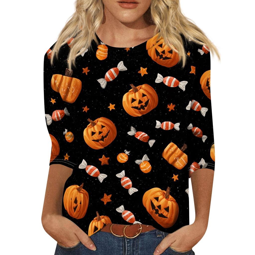 Women Casual Halloween Print Three Quarter Sleeve Round Neck Top Lightweight Comfortable Fit Fashionable Shirt for Everyday Wear
