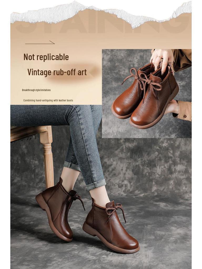 Women's Retro Cowhide Ankle Boots: Chunky Heel, Thick Sole, Genuine Leather, Plus Velvet, Winter Design