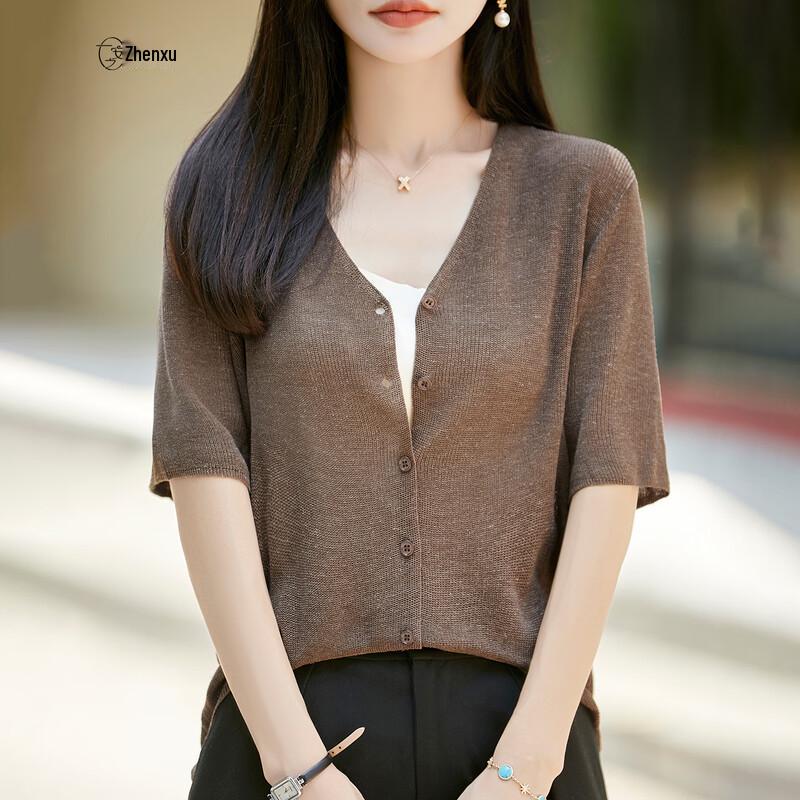 Women's Lightweight Tencel-Linen V-Neck Short Sleeve Knit Cardigan Tee