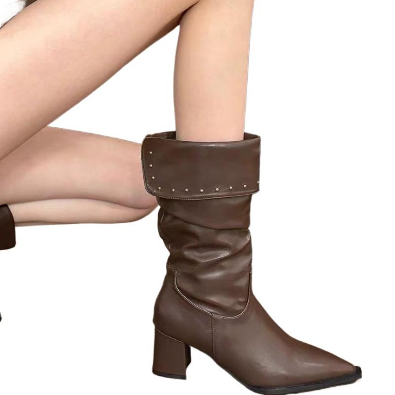 Turned Over Edge Pointed Toe Modern Boots Mid-calf Square Heel Ladies Shoes on Sale 2024 High Quality Slip-on Mid Heel Boots