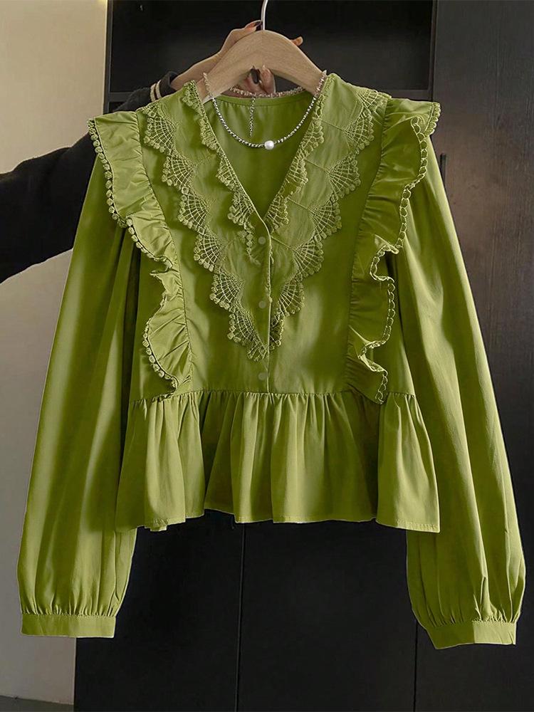 2026 Autumn Women's Casual Lace Patchwork Ruffle Long Sleeve Top