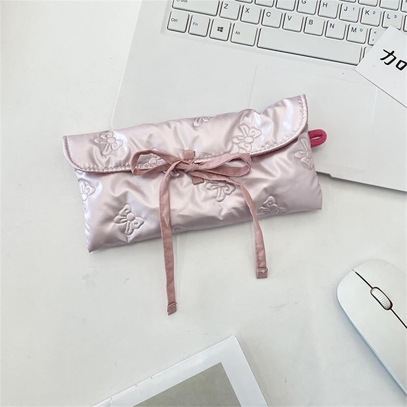 Sweet Quilted Bow Love Flap Pencil Case Organizer Coin Purse  Girly Cosmetic Bag Women Portable Sundries Storage Bag Gift