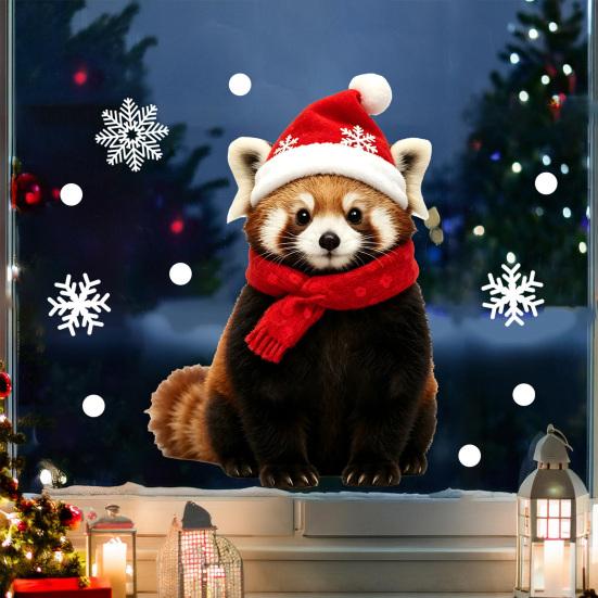 Durable Holiday Window Stickers Christmas Animal Static Clings, Cute Cat/Puppy/Racoon Stickers, PVC Winter Home Accents Waterproof Glass Sticker